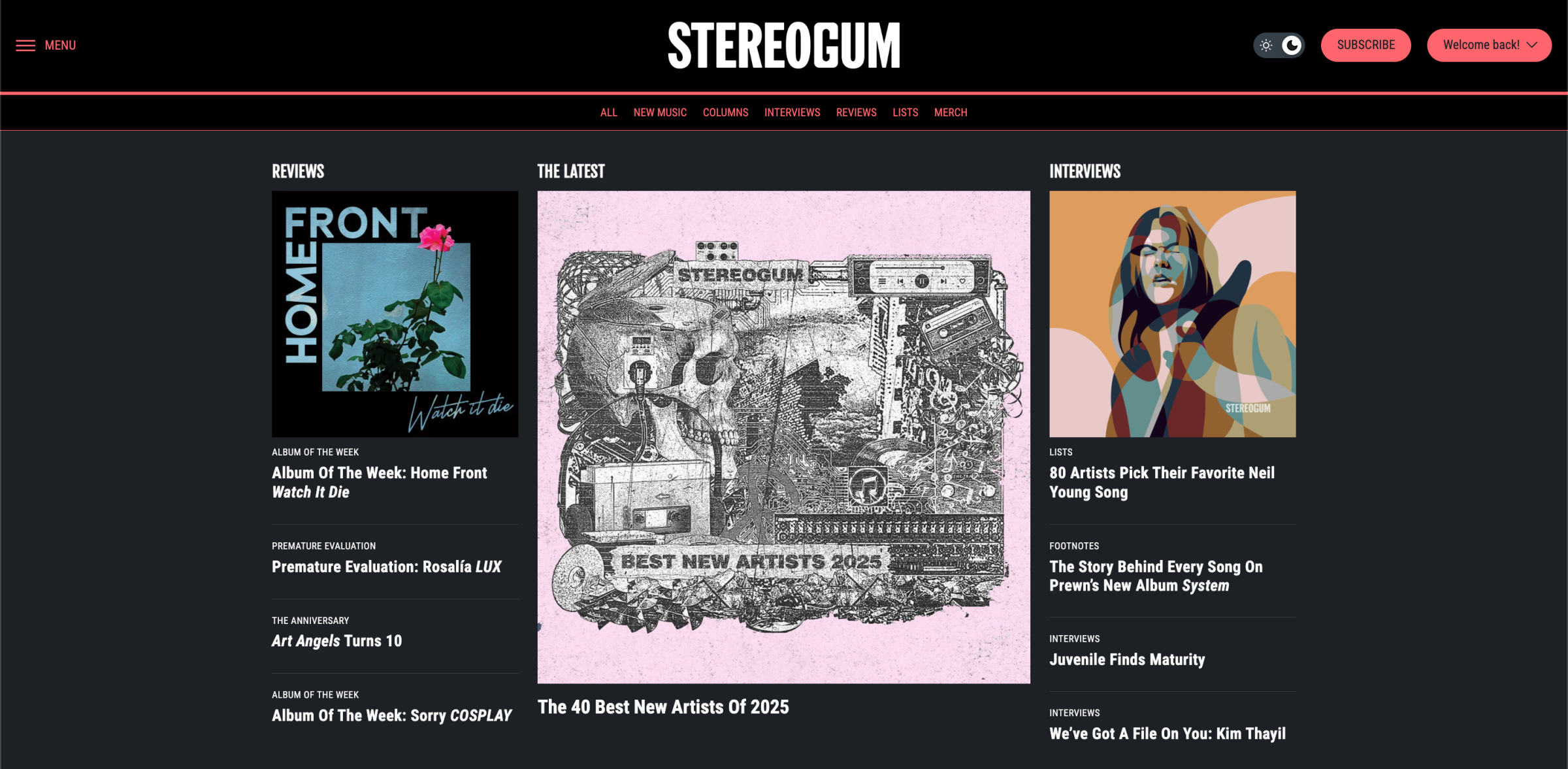 La nueva página de inicio de Stereogum en modo oscuro.
